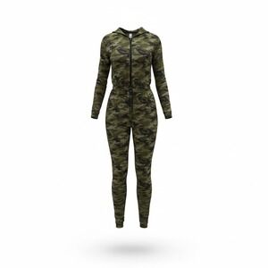 No Boundaries Womens Green Camouflage Hooded Zip Front Jumpsuit Large 11-13